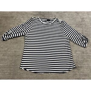 Violets & Roses Top Womens Large Blue & White Striped Hal‎ Ruched Sleeve Casual